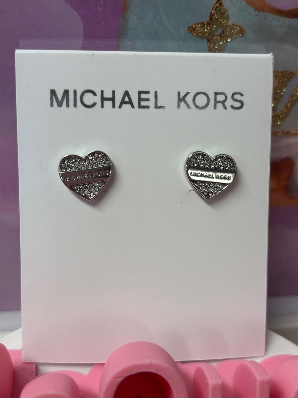 Michael Kors Silver Crystal Heart Logo Stud Earrings NWT
